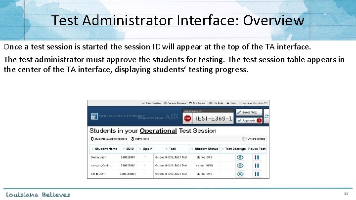 Test Administrator Interface: Overview Once a test session is started the session ID will