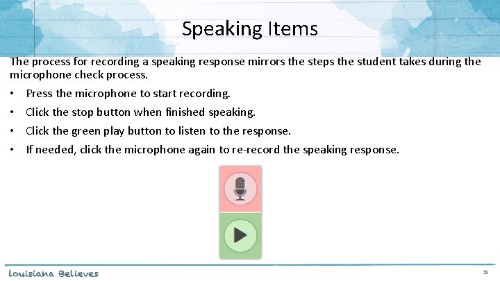 Speaking Items The process for recording a speaking response mirrors the steps the student