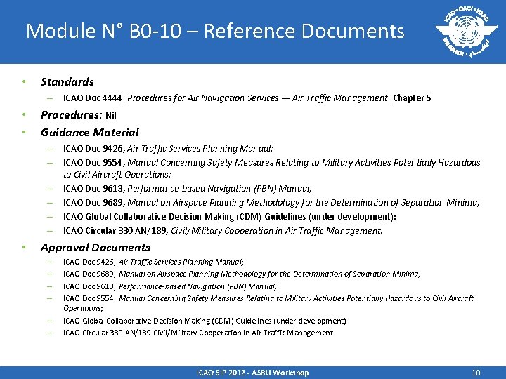 Module N° B 0 -10 – Reference Documents • Standards – ICAO Doc 4444,