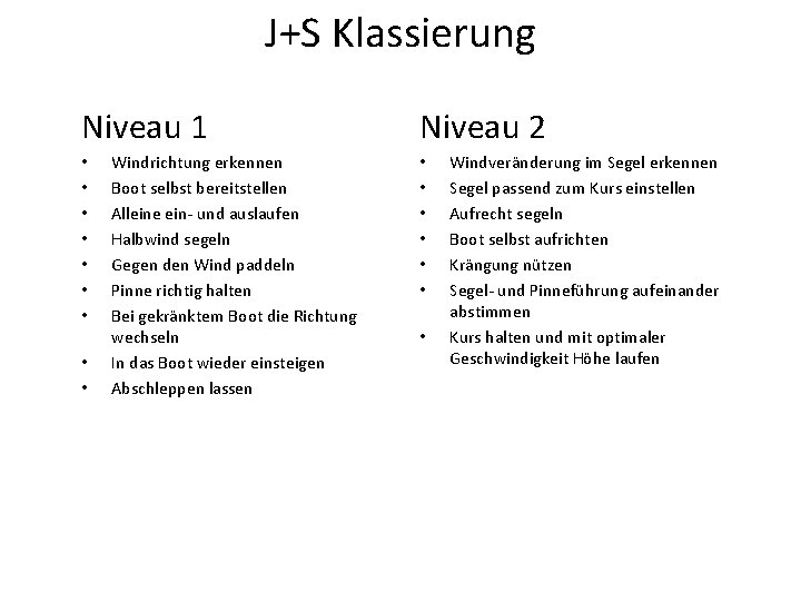 J+S Klassierung Niveau 1 • • • Windrichtung erkennen Boot selbst bereitstellen Alleine ein-