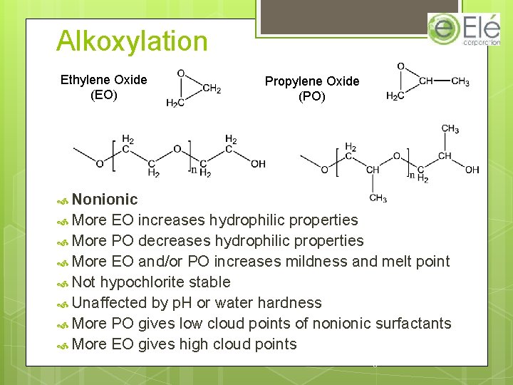 Alkoxylation Ethylene Oxide (EO) Propylene Oxide (PO) Nonionic More EO increases hydrophilic properties More
