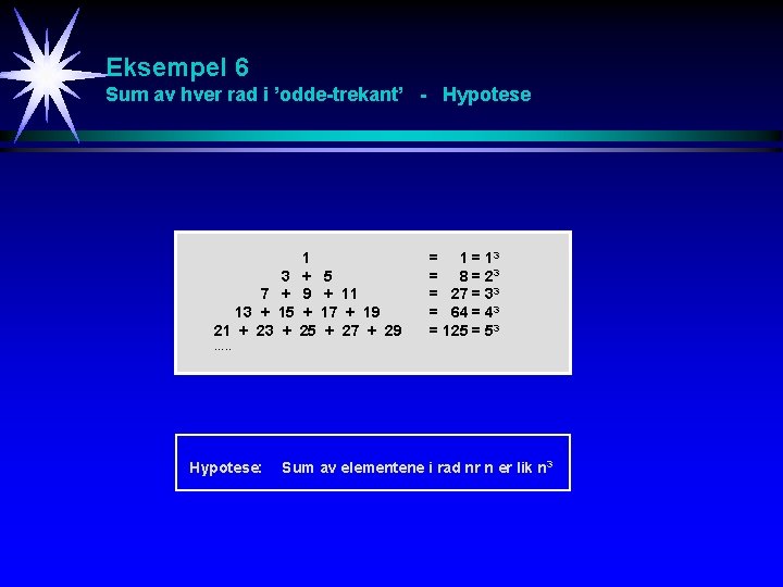 Eksempel 6 Sum av hver rad i ’odde-trekant’ - Hypotese 3 7 + 13