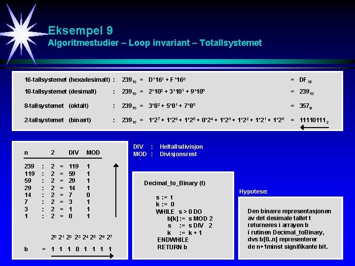 Eksempel 9 Algoritmestudier – Loop invariant – Totallsystemet 16 -tallsystemet (hexadesimalt) : 23910 =