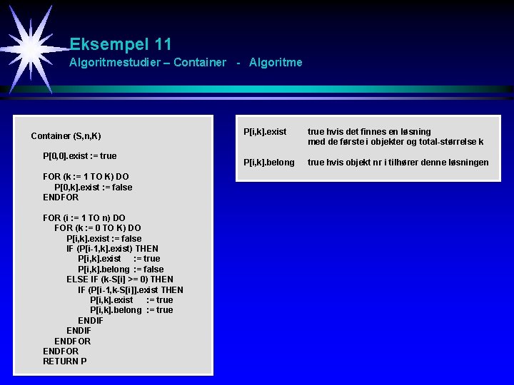 Eksempel 11 Algoritmestudier – Container - Algoritme Container (S, n, K) P[0, 0]. exist