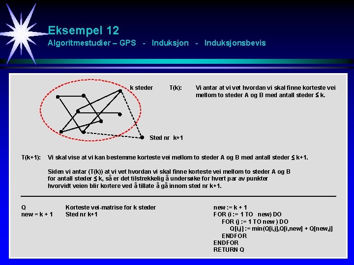 Eksempel 12 Algoritmestudier – GPS - Induksjonsbevis k steder T(k): Vi antar at vi