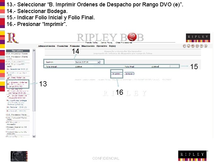 13. - Seleccionar “B. Imprimir Ordenes de Despacho por Rango DVO (e)”. 14. -