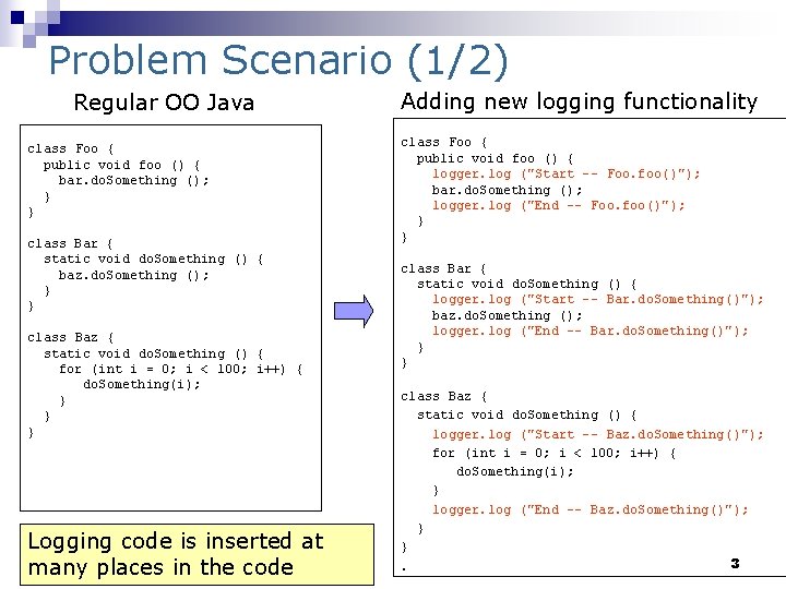 Problem Scenario (1/2) Regular OO Java class Foo { public void foo () {