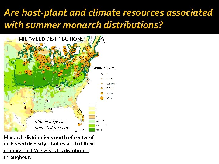 Are host-plant and climate resources associated with summer monarch distributions? MILKWEED DISTRIBUTIONS Monarchs/PH Modeled