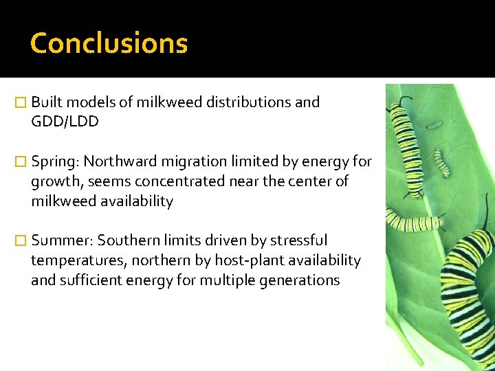 Conclusions � Built models of milkweed distributions and GDD/LDD � Spring: Northward migration limited