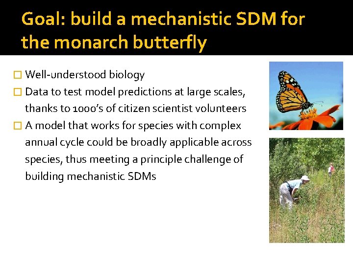 Goal: build a mechanistic SDM for the monarch butterfly � Well-understood biology � Data