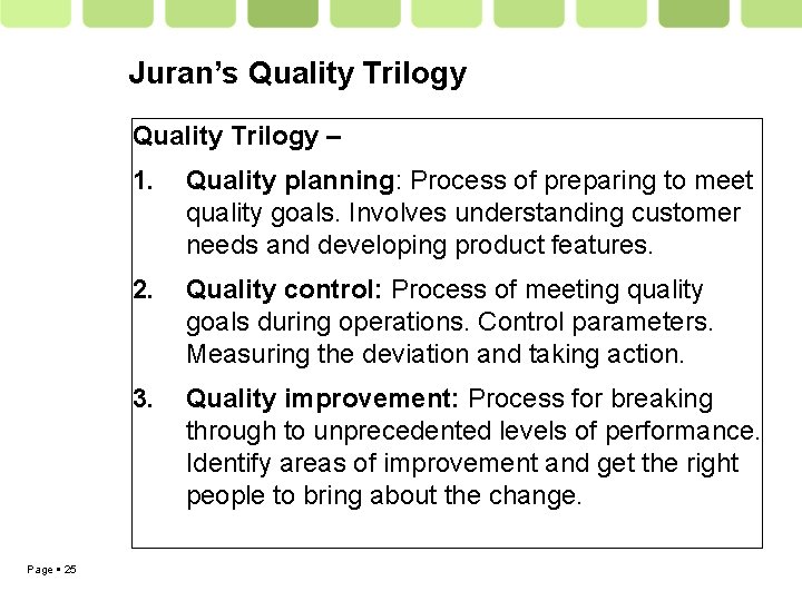 Juran’s Quality Trilogy – Page 25 1. Quality planning: Process of preparing to meet