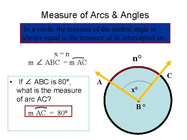 Measure of Arcs & Angles In a circle, the measure of the central angle