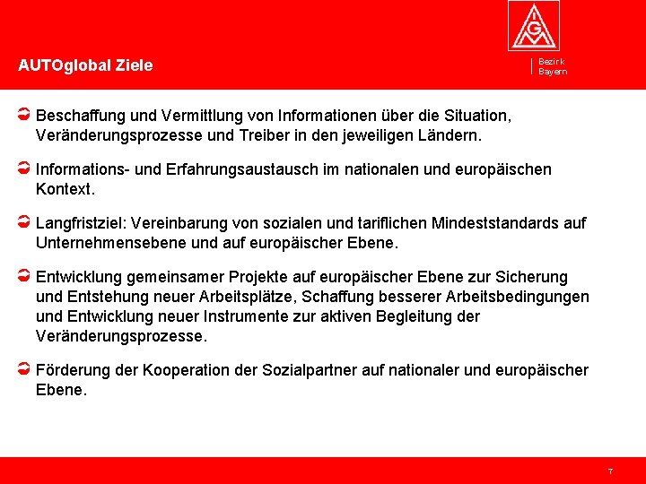 AUTOglobal Ziele Bezirk Bayern Beschaffung und Vermittlung von Informationen über die Situation, Veränderungsprozesse und