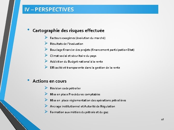 IV – PERSPECTIVES • Cartographie des risques effectuée Ø Facteurs exogènes (évolution du marché)