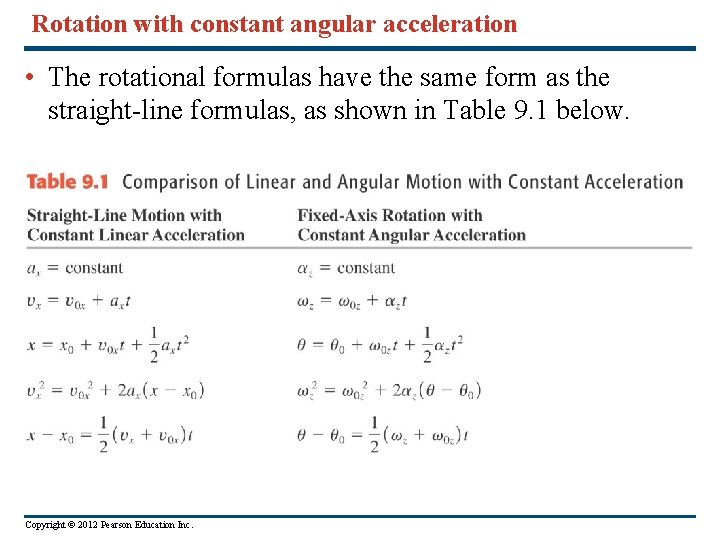 Rotation with constant angular acceleration • The rotational formulas have the same form as