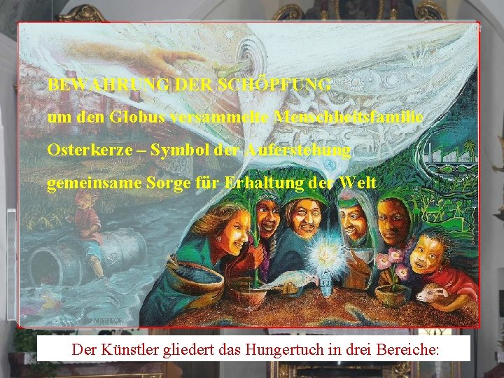 BEWAHRUNG DER SCHÖPFUNG um den Globus versammelte Menschheitsfamilie Osterkerze – Symbol der Auferstehung gemeinsame