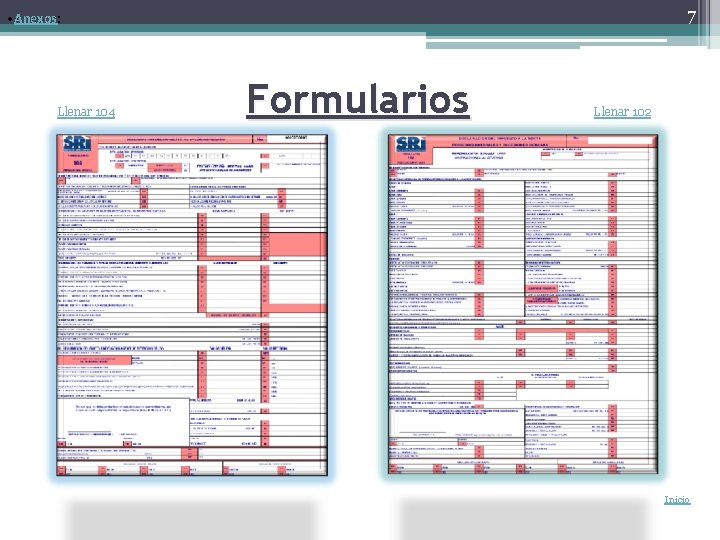 7 • Anexos: Llenar 104 Formularios Llenar 102 Inicio 