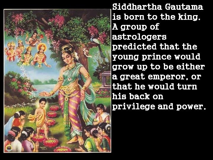 Siddhartha Gautama is born to the king. A group of astrologers predicted that the
