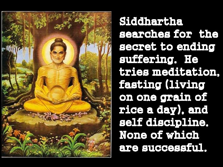 Siddhartha searches for the secret to ending suffering. He tries meditation, fasting (living on