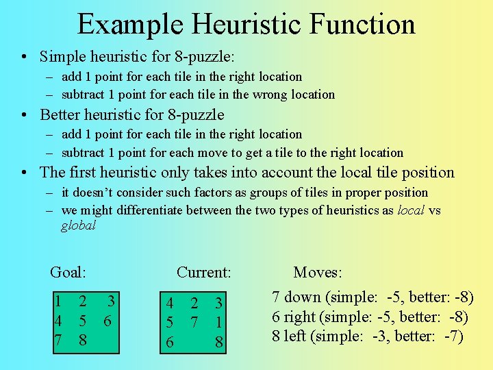 Example Heuristic Function • Simple heuristic for 8 -puzzle: – add 1 point for