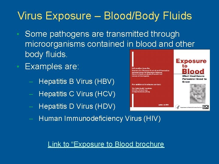 Virus Exposure – Blood/Body Fluids • Some pathogens are transmitted through microorganisms contained in