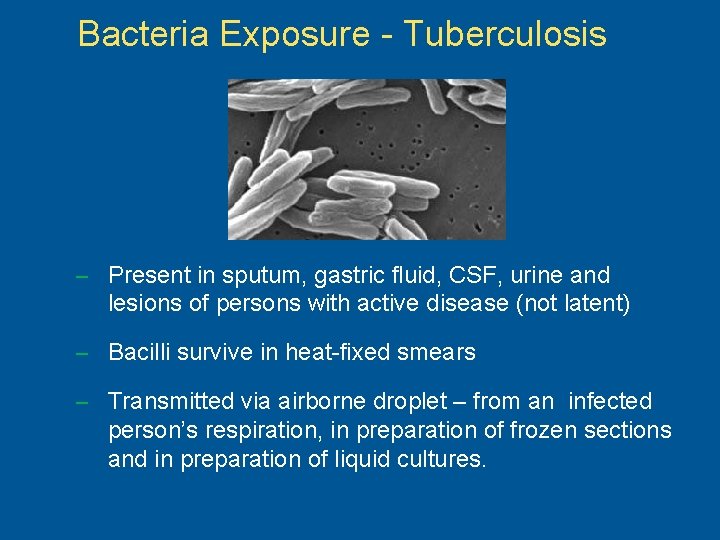 Bacteria Exposure - Tuberculosis – Present in sputum, gastric fluid, CSF, urine and lesions