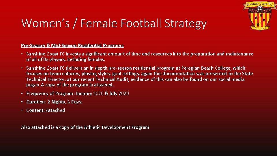 Women’s / Female Football Strategy Pre-Season & Mid-Season Residential Programs • Sunshine Coast FC
