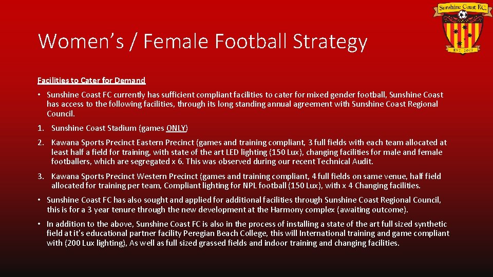 Women’s / Female Football Strategy Facilities to Cater for Demand • Sunshine Coast FC