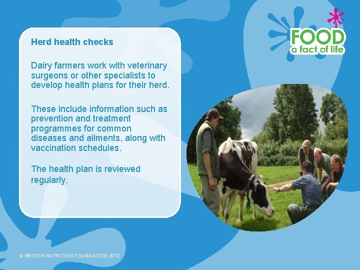 Herd health checks Dairy farmers work with veterinary surgeons or other specialists to develop