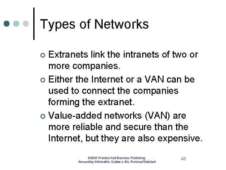 Types of Networks Extranets link the intranets of two or more companies. ¢ Either