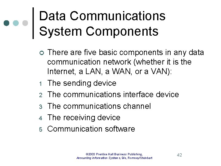 Data Communications System Components ¢ 1 2 3 4 5 There are five basic