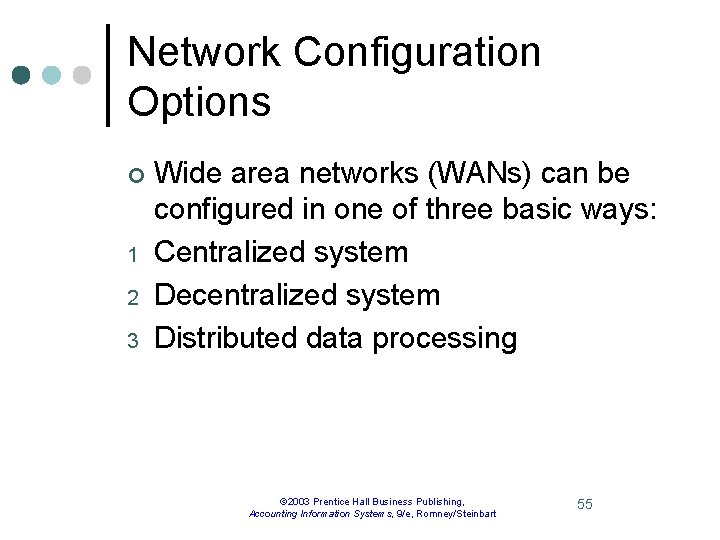 Network Configuration Options ¢ 1 2 3 Wide area networks (WANs) can be configured