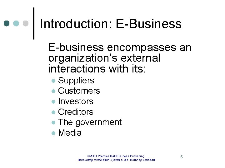 Introduction: E-Business E-business encompasses an organization’s external interactions with its: Suppliers l Customers l