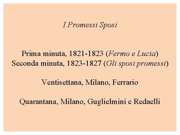 I Promessi Sposi Prima minuta, 1821 -1823 (Fermo e Lucia) Seconda minuta, 1823 -1827