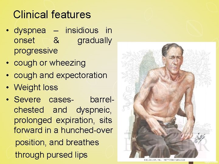 Clinical features • dyspnea – insidious in onset & gradually progressive • cough or