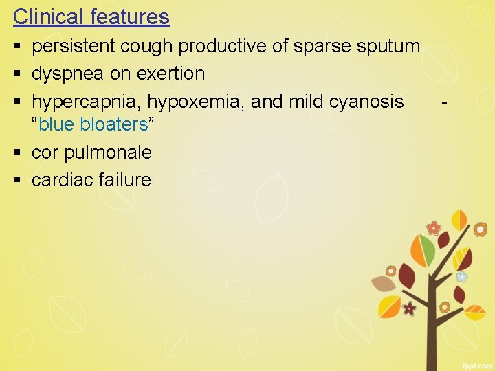 Clinical features § persistent cough productive of sparse sputum § dyspnea on exertion §