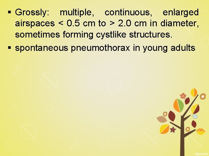 § Grossly: multiple, continuous, enlarged airspaces < 0. 5 cm to > 2. 0