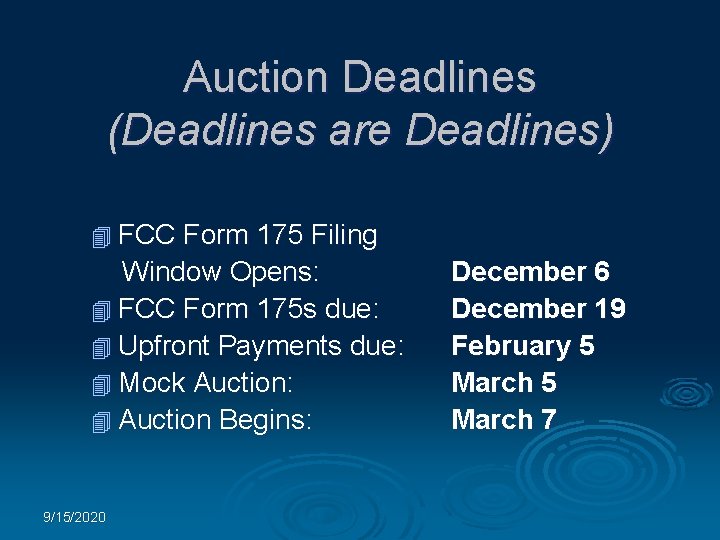 Auction Deadlines (Deadlines are Deadlines) 4 FCC Form 175 Filing Window Opens: 4 FCC