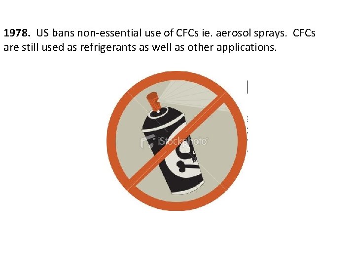 1978. US bans non-essential use of CFCs ie. aerosol sprays. CFCs are still used