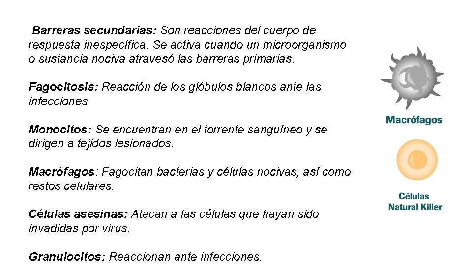  Barreras secundarias: Son reacciones del cuerpo de respuesta inespecífica. Se activa cuando un