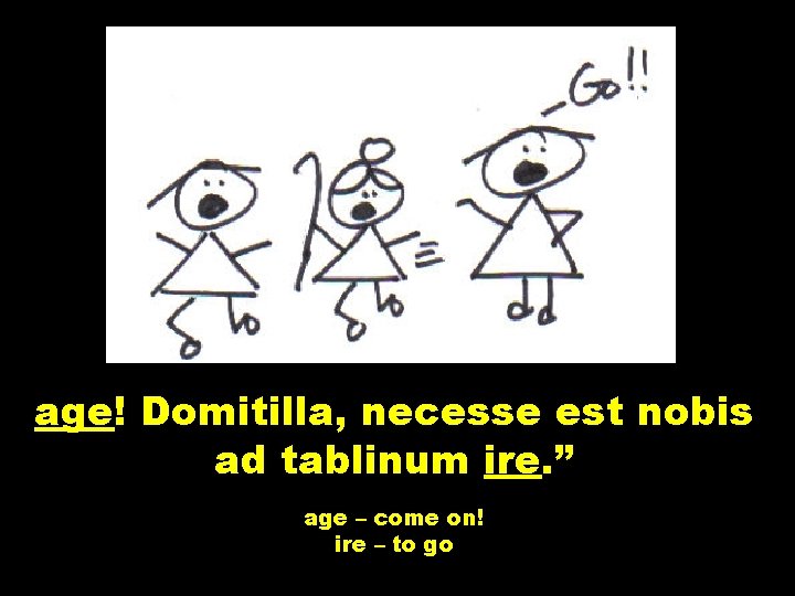 age! Domitilla, necesse est nobis ad tablinum ire. ” age – come on! ire