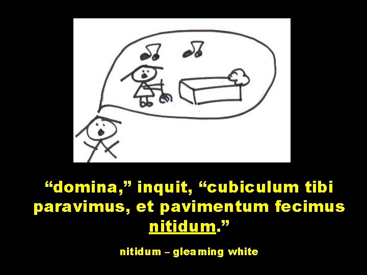 “domina, ” inquit, “cubiculum tibi paravimus, et pavimentum fecimus nitidum. ” nitidum – gleaming