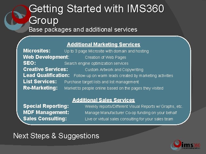 Getting Started with IMS 360 Group Base packages and additional services Additional Marketing Services