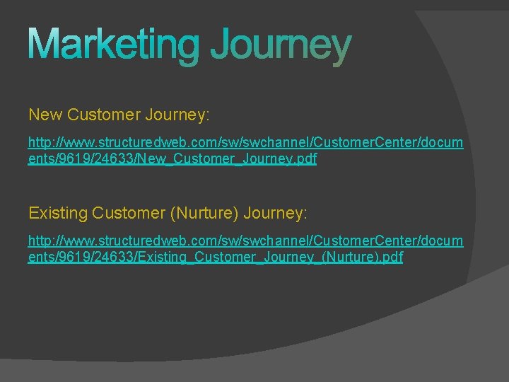 New Customer Journey: http: //www. structuredweb. com/sw/swchannel/Customer. Center/docum ents/9619/24633/New_Customer_Journey. pdf Existing Customer (Nurture) Journey: