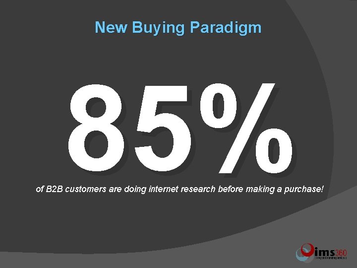 New Buying Paradigm 85% of B 2 B customers are doing internet research before