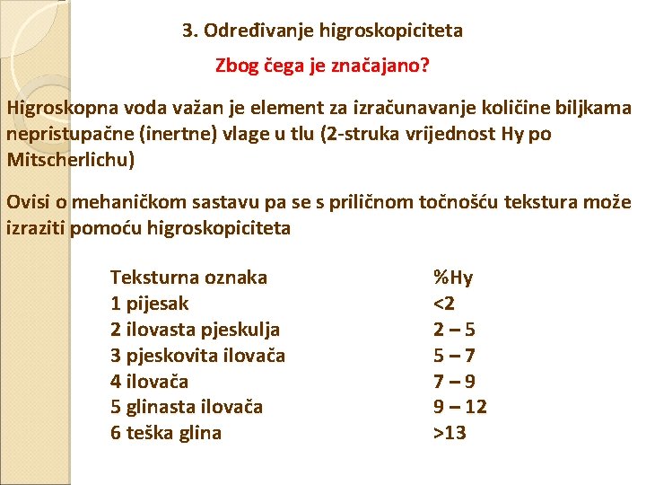 3. Određivanje higroskopiciteta Zbog čega je značajano? Higroskopna voda važan je element za izračunavanje