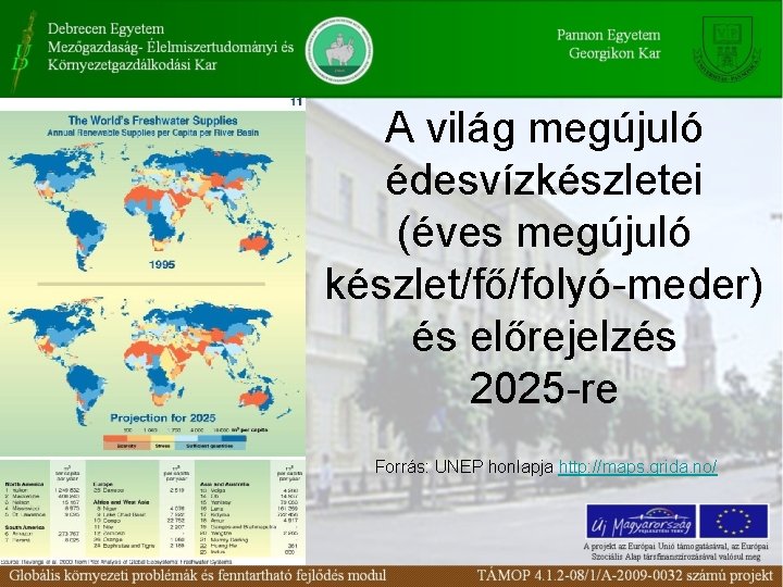 A világ megújuló édesvízkészletei (éves megújuló készlet/fő/folyó-meder) és előrejelzés 2025 -re Forrás: UNEP honlapja