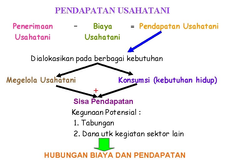 PENDAPATAN USAHATANI Penerimaan Usahatani – Biaya Usahatani = Pendapatan Usahatani Dialokasikan pada berbagai kebutuhan