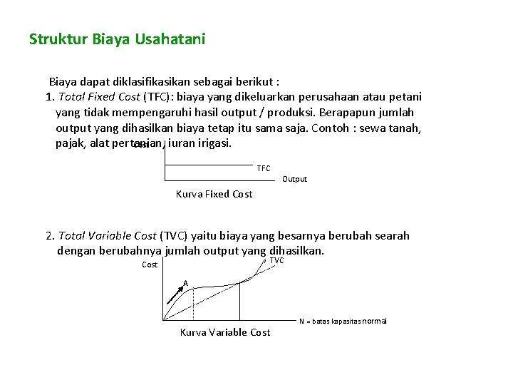 Struktur Biaya Usahatani Biaya dapat diklasifikasikan sebagai berikut : 1. Total Fixed Cost (TFC):