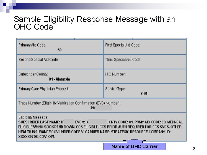 Sample Eligibility Response Message with an OHC Code Name of OHC Carrier 5 
